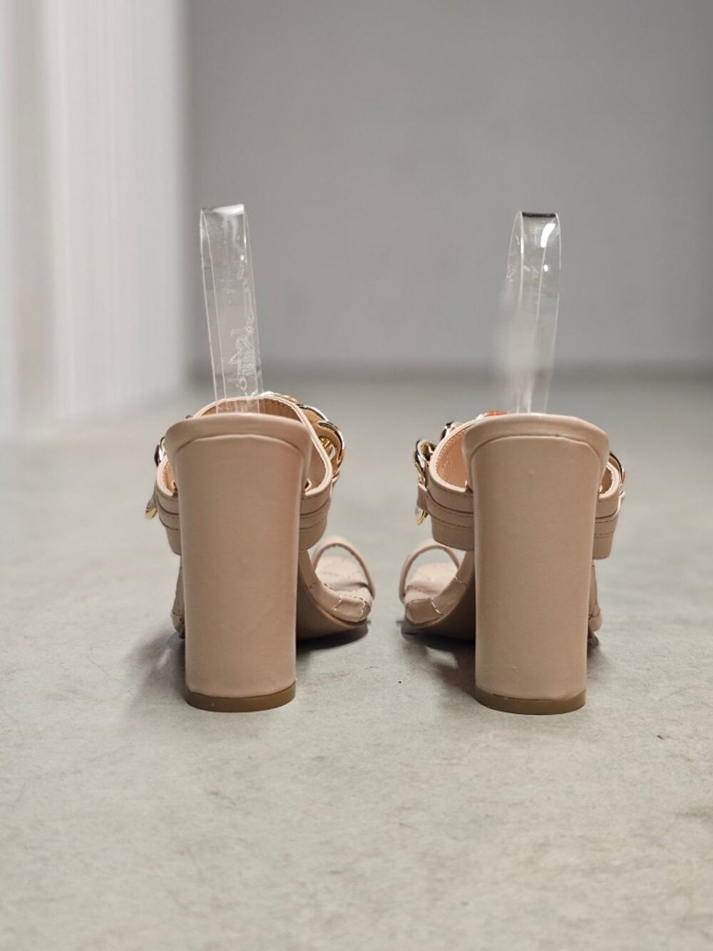 Quilted Nude Heeled Sandals With Gold Chain Detail & Square Toe Design - Picture 5 of 10